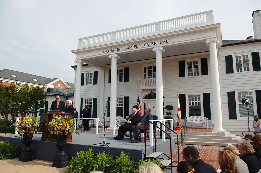 A stage is set up in front of Cater Hall on Cater Lawn for an inauguration ceremony for President Jay Gogue. 