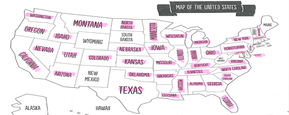 Map of United states with states highlighted if they've received items from K8 Tigers program