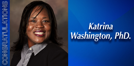 Photo of Katrina Washington with text 'Congratulations Katrina Washington, PhD' with image of GEDI logo.'