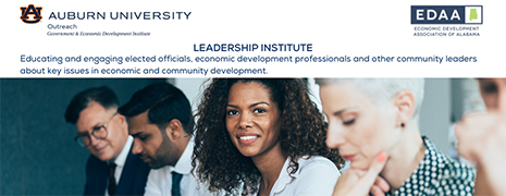 Image of four business people and logos for Auburn University Outreach Government and Economic Development Institute and Economic Development Association of Alabama with text 'Leadership Institute. Educating and engaging elected officials, economic development professionals and other community leaders in economic and community development.'