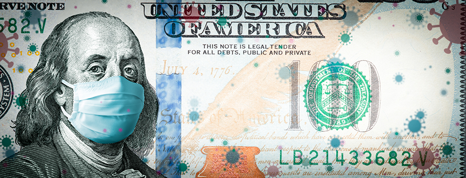 Benjamin Franklin on 100 dollar bill with medical mask on