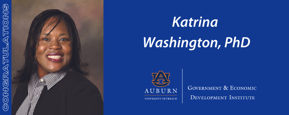 Photo of Katrina Washington with text 'Congratulations Katrina Washington, PhD' with image of GEDI logo.