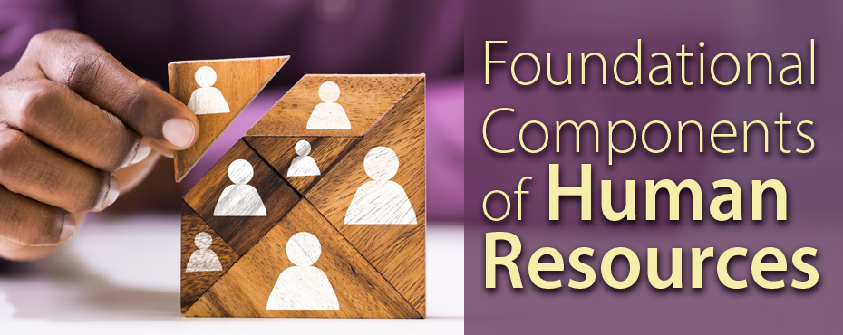 Image of hands holding building blocks and text 'Foundational Components of Human Resources