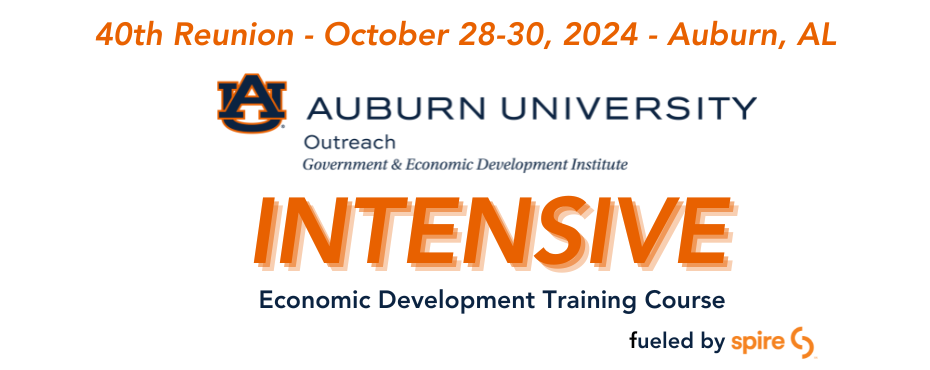 Interlocking AU letters, GEDI, Intensive Economic Development Training Course fueled by Spire, 40th Reunion – October 28-30, 2024 – Auburn, AL