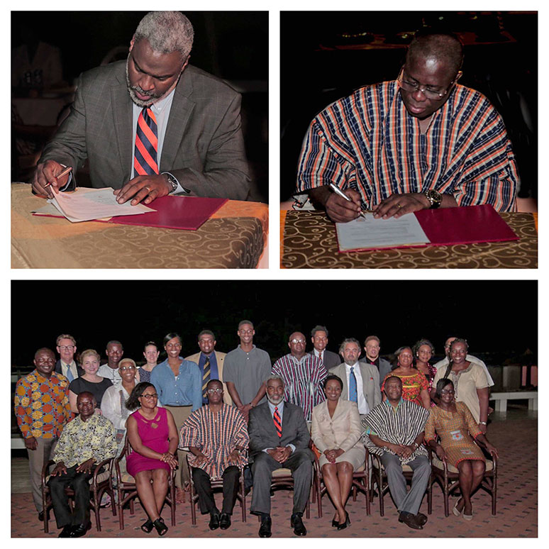 Top Left: Dr. Royrickers Cook, VP for Auburn University Outreach, signs the Memorandum of Understanding document. Top Right: Dr. Joseph Ghartey Ampiah, President of the University of Cape Coast, signs the Memorandum of Understanding document. Bottom Photo: Delegates from Auburn University and University of Cape Coast pose for a group photo.