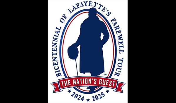 Bicentennial of LaFayette's Farewell Tour, The Nation's Guest, 2024-2025. Outline of a man resting a hat on top of a cane filled in with blue coloring