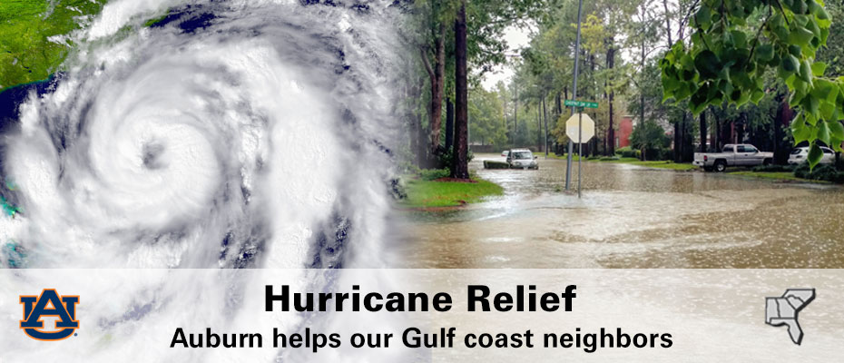 Hurricane Relief. Auburn Helps our Gulf Coast neighbors. Background image is collage of hurricane radar photo and flooded street photo with interlocking AU logo and map outline of southern states