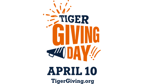 TigerGiving Day April 10, TigerGiving.org with a blue megaphone like an announcement