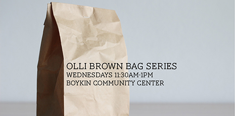 Brown paper bag with words OLLI Brown Bag Series, Wednesdays 11:30AM-1PM, Boykin Community Center