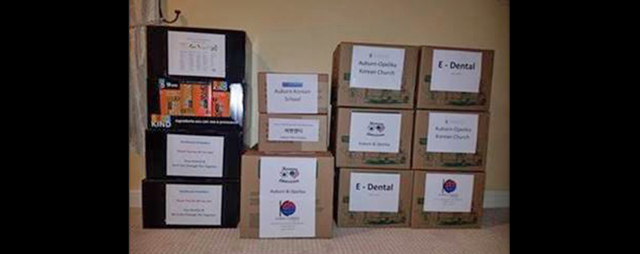 Boxes stacked up for donation.