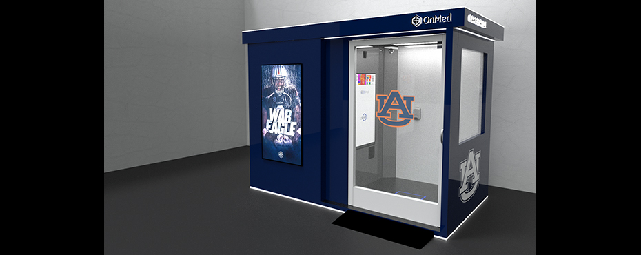 OnMed telehealth station with Auburn University Logo view of front and side 